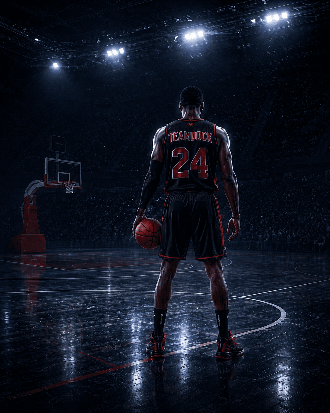 Basketball player in a TeamDock jersey on the court. TeamDock's Film Room and team hub for basketball coaches